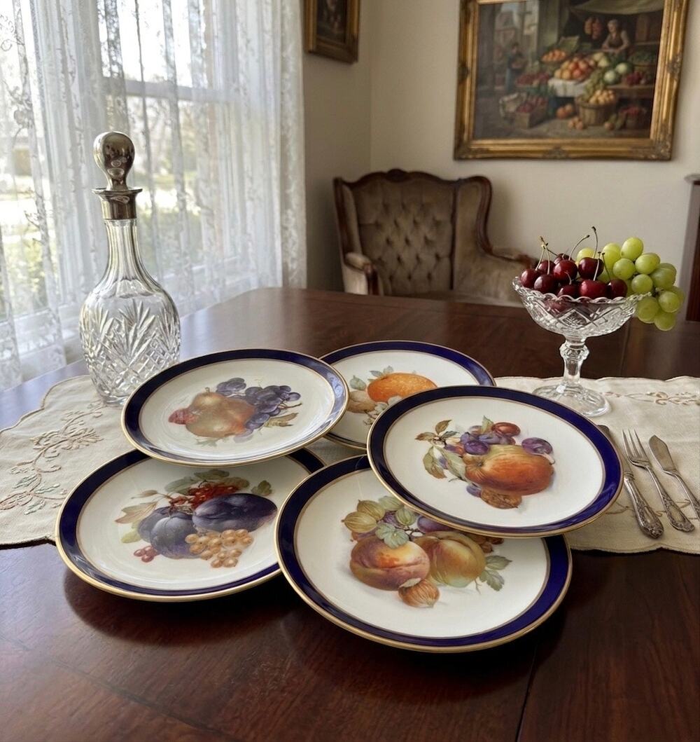 Vintage Schumann Arzberg Germany Bountiful Plates Echt Blue Gold Trim Set of 5